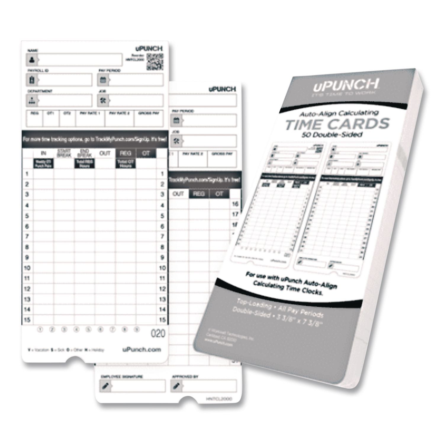 Time Clock Cards for uPunch HN4000, Two Sides, 7.37 x 3.37, 50/Pack