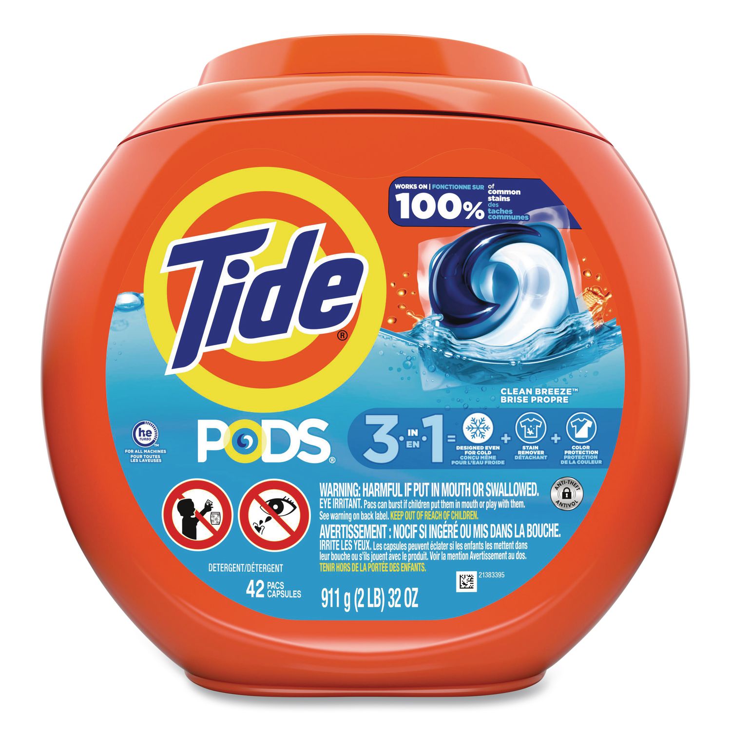 PODS Laundry Detergent, Clean Breeze, 36 oz Tub, 42 Pacs/Tub