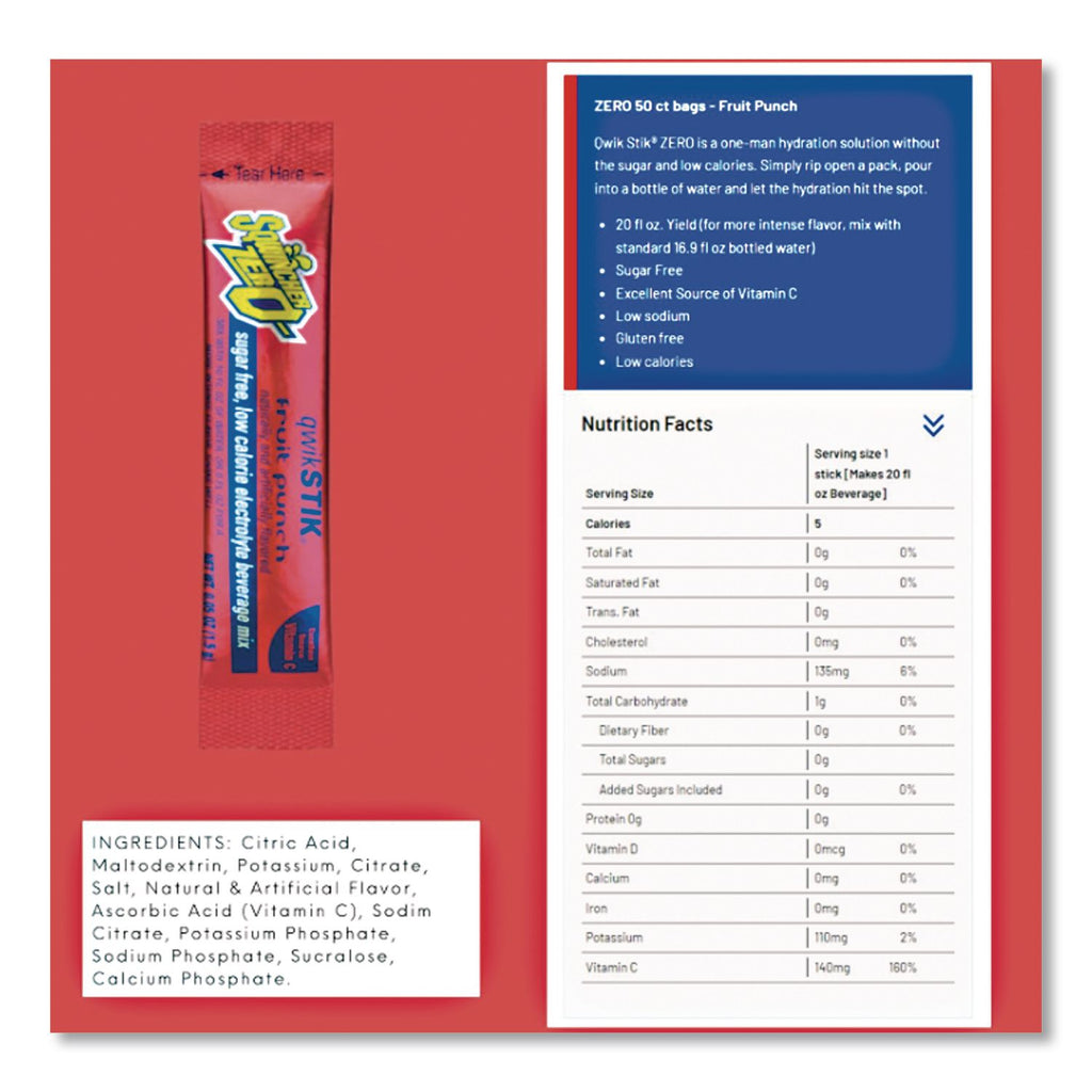 Sugar-Free Qwik Stik Energy Drink Mix, Fruit Punch, 1.26 oz Packet, 50/Pack