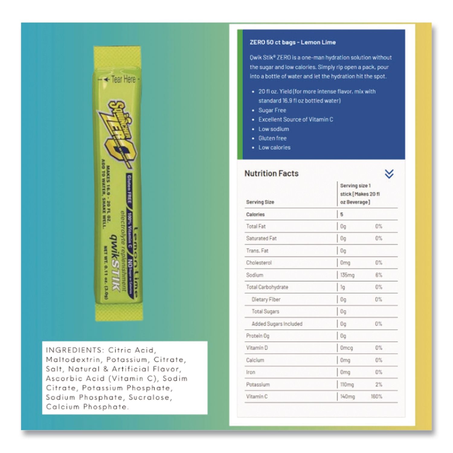 Sugar-Free Qwik Stik Energy Drink Mix, Lemonade, 1.26 oz Packet, 50/Pack