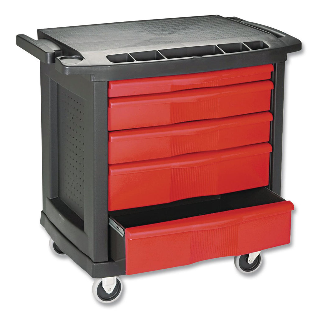 Five-Drawer Mobile Workcenter, 32.63w x 19.9d x 33.5h, Black Plastic Top