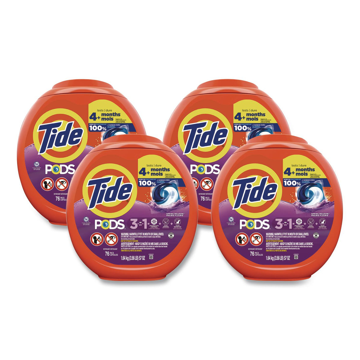 PODS Laundry Detergent, Spring Meadow, 66 oz Tub, 76 Pacs/Tub, 4 Tubs/Carton