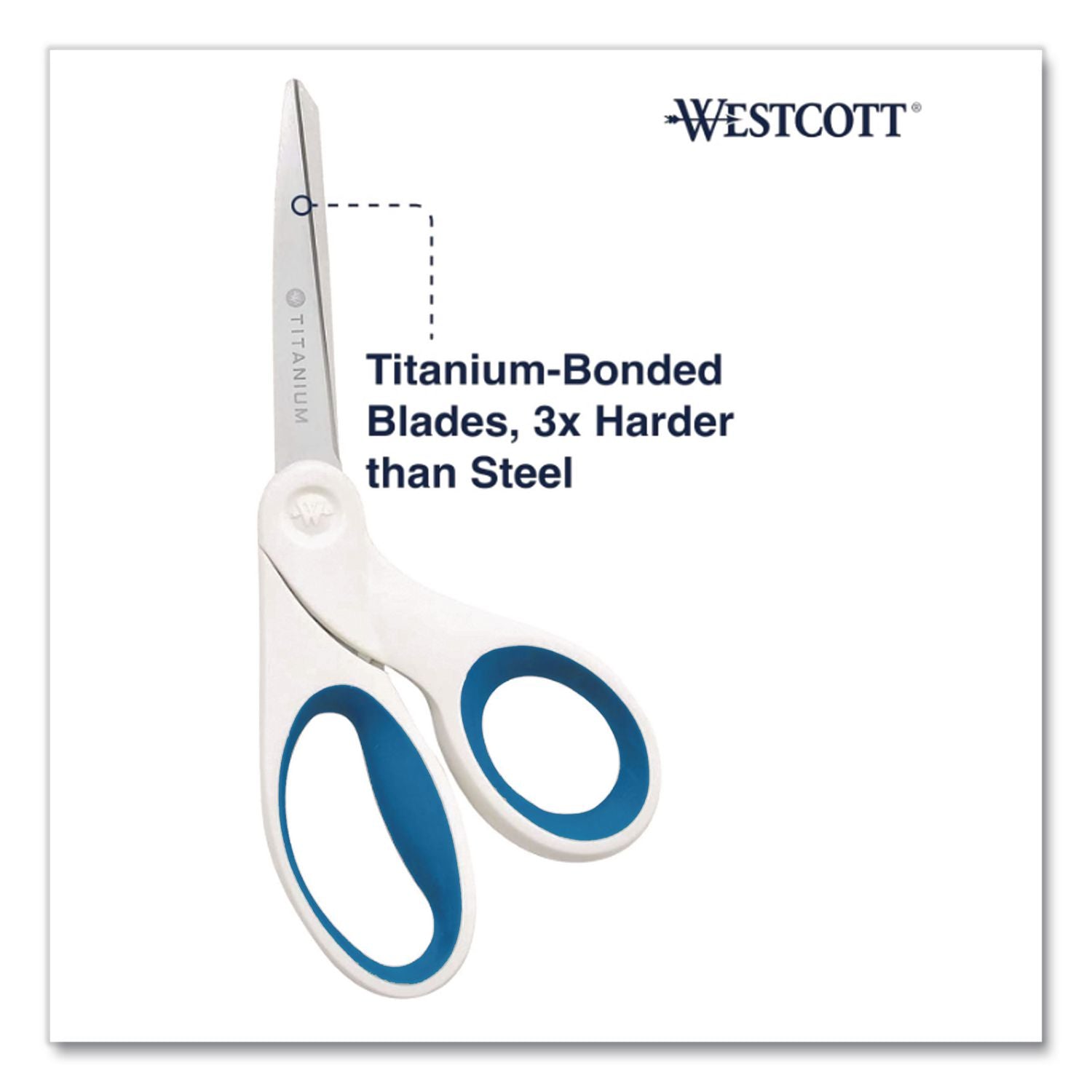 Non-Stick Titanium Bonded Scissors, 8" Long, 3.25" Cut Length, White/Blue Bent Handle