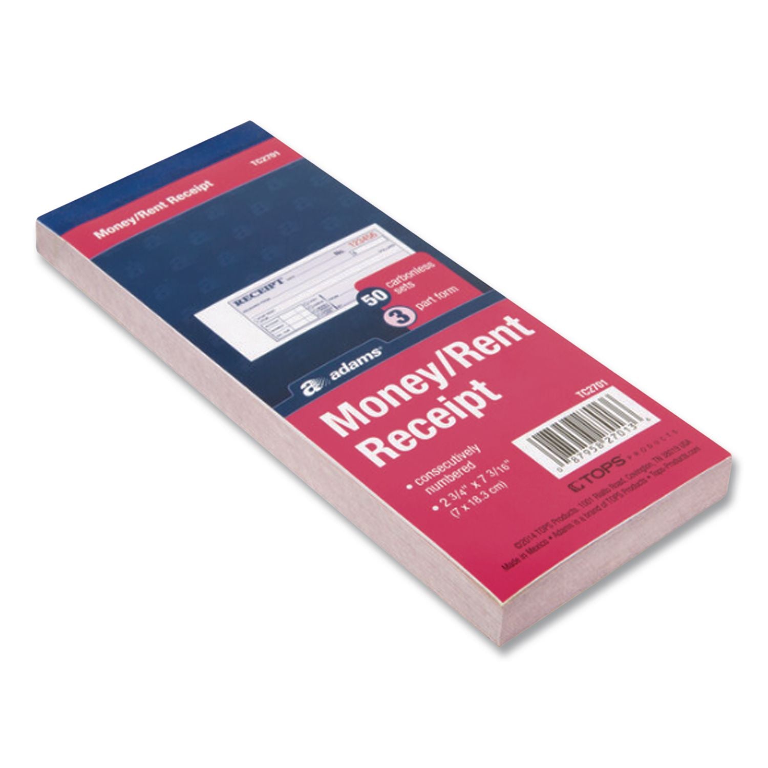 Receipt Book, Three-Part Carbonless, 2.75 x 7.19, 50 Forms Total