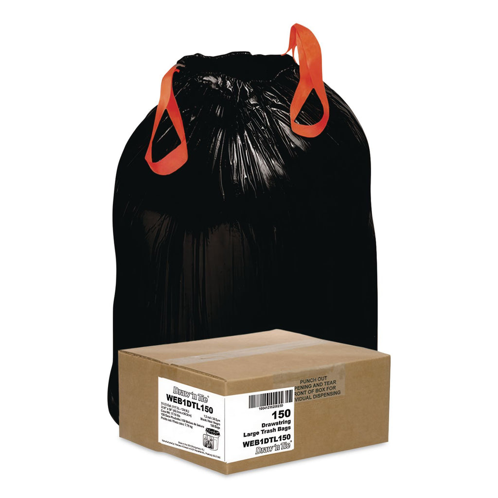 Heavy-Duty Trash Bags, 33 gal, 1.2 mil, 33.5" x 38", Black, 25 Bags/Roll, 6 Rolls/Box