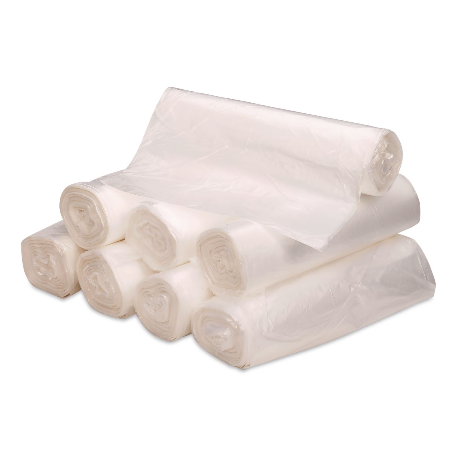Linear Low-Density Can Liners, 60 gal, 0.9 mil, 38" x 58", Clear, 10 Bags/Roll, 10 Rolls/Carton