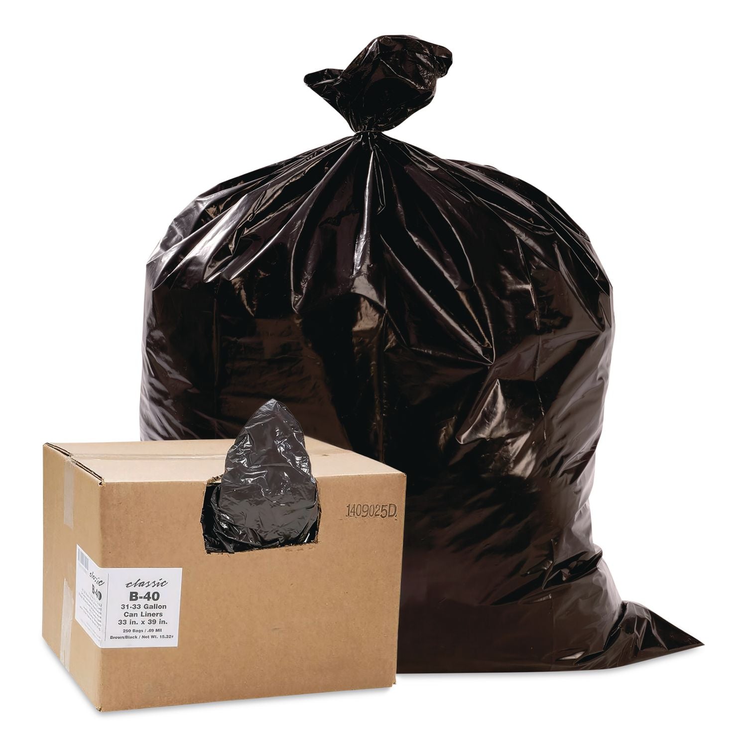 Linear Low-Density Can Liners, 33 gal, 0.63 mil, 33" x 39", Black, 25 Bags/Roll, 10 Rolls/Carton