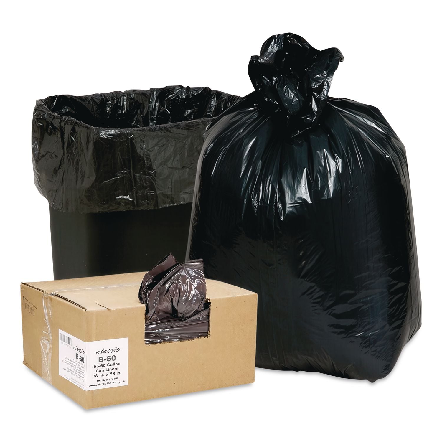 Linear Low-Density Can Liners, 55 to 60 gal, 0.9 mil, 38" x 58", Black, 10 Bags/Roll, 10 Rolls/Carton