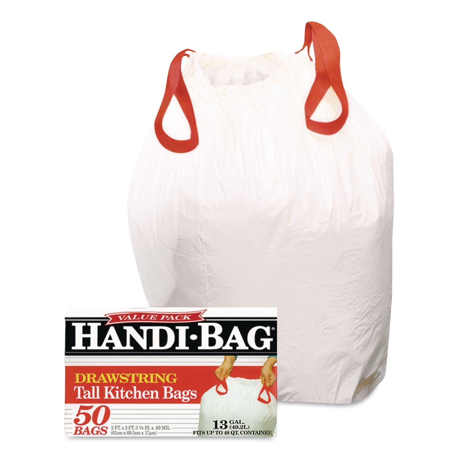 Drawstring Kitchen Bags, 13 gal, 0.6 mil, 24" x 27.38", White, 50/Box