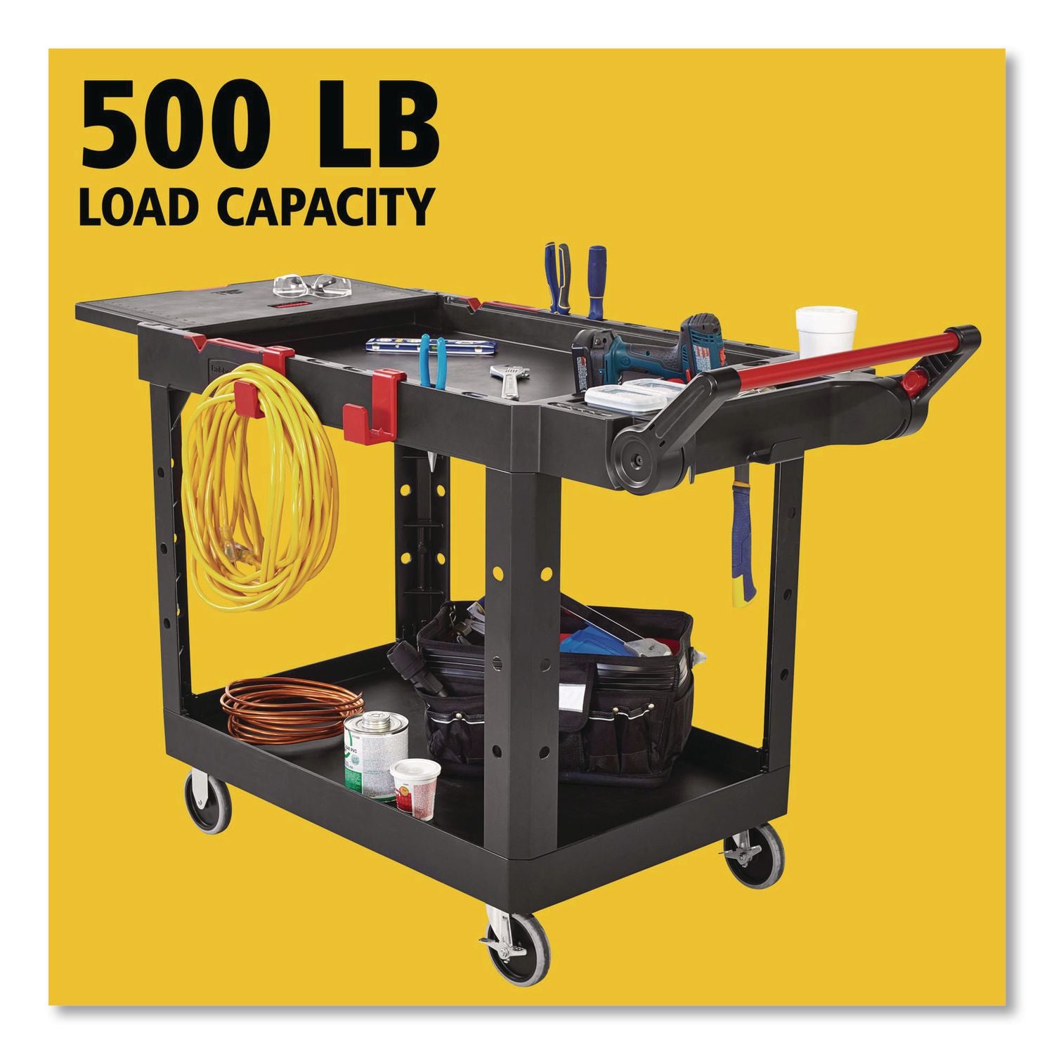 Heavy Duty Adaptable Utility Cart, Plastic, 2 Shelves, 500 lb Capacity, 25.2" x 51.5" x 36", Black