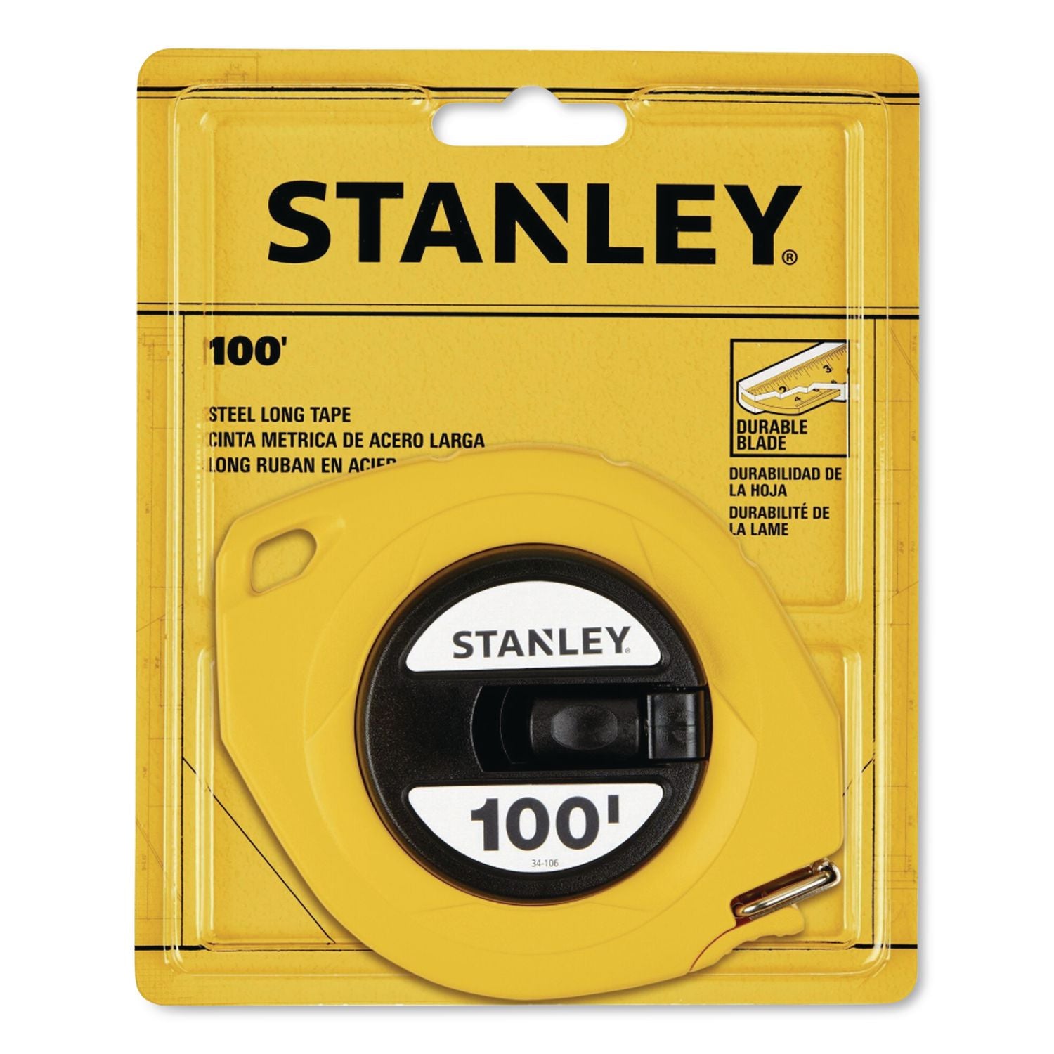Long Tape Measure, 1/8" Graduations, 100 ft, Yellow