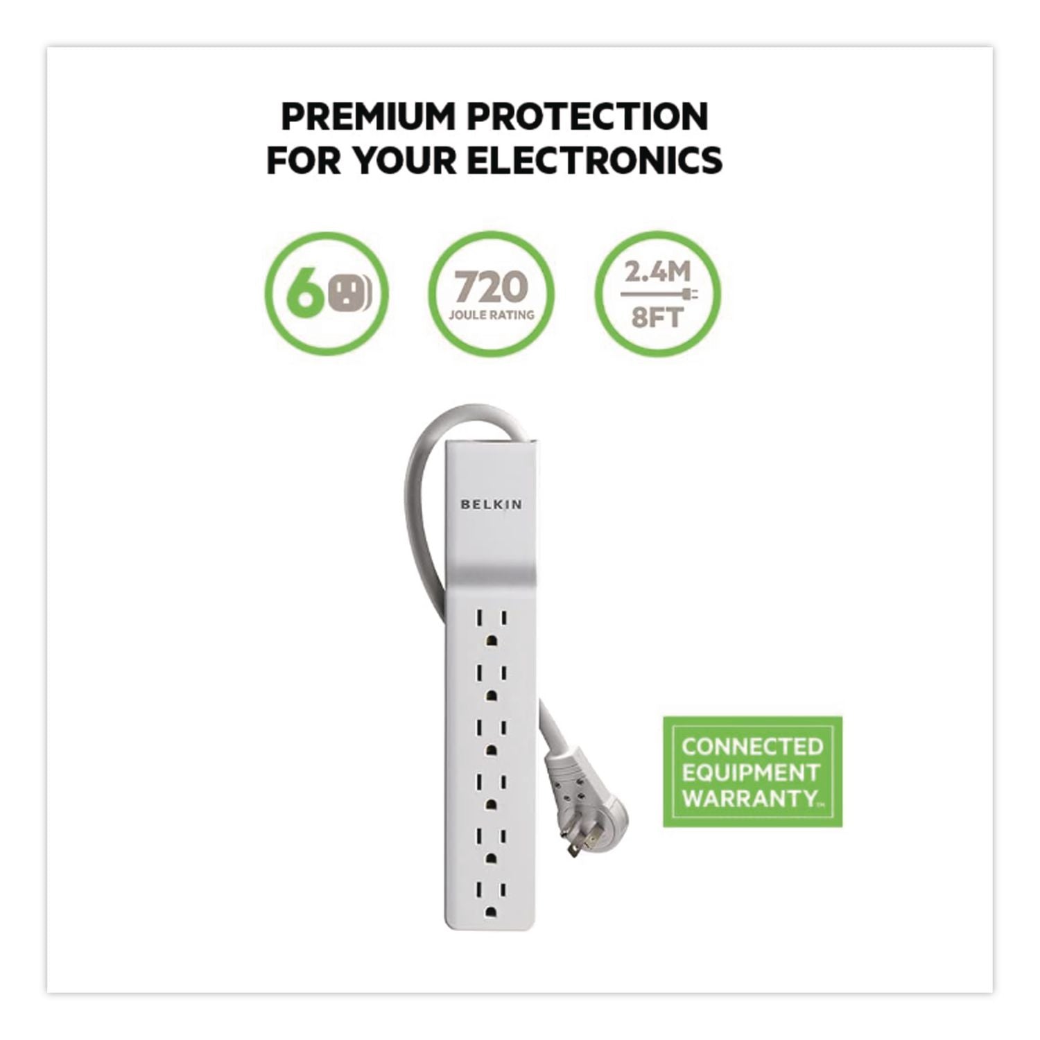 Home/Office Surge Protector, 6 AC Outlets, 4 ft Cord, 720 J, White
