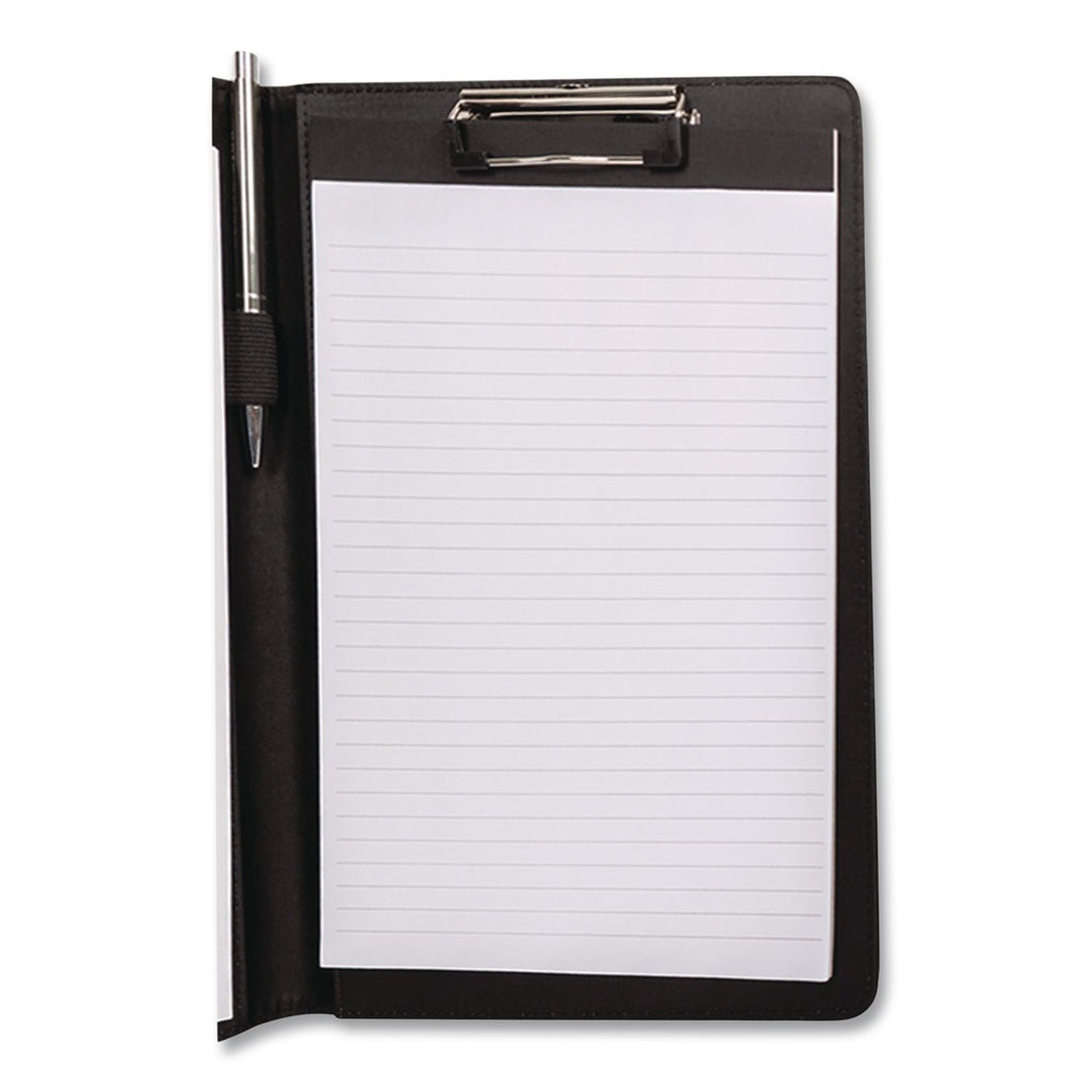 Faux-Leather Padfolio, Notched Front Cover with Clipboard Fastener, 9 x 12 Pad, 9.75 x 12.5, Black