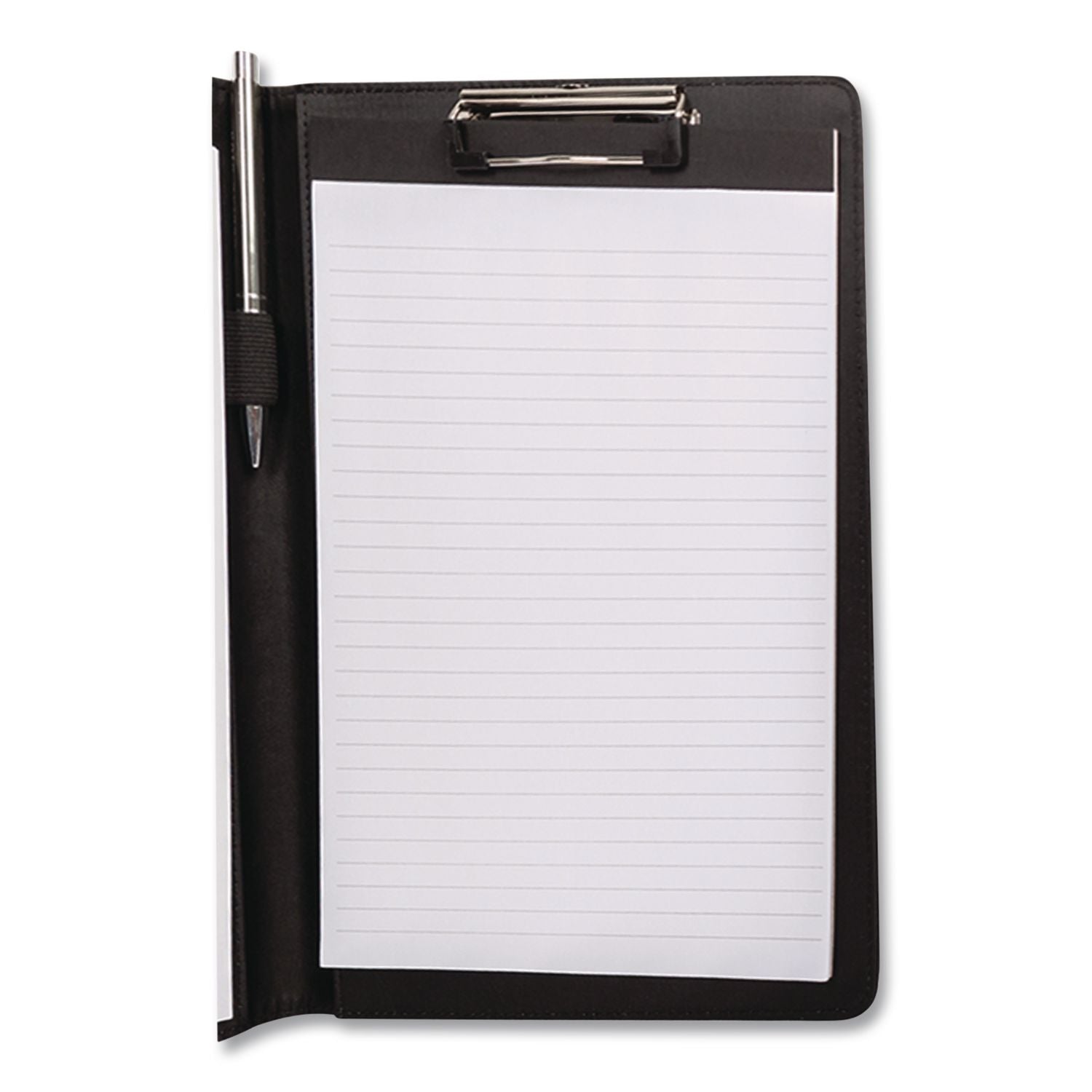 Faux-Leather Padfolio, Notched Front Cover with Clipboard Fastener, 9 x 12 Pad, 9.75 x 12.5, Black