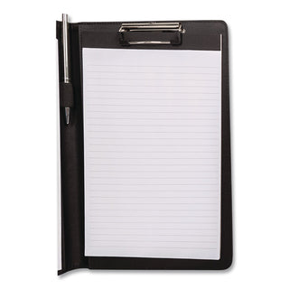 Faux-Leather Padfolio, Notched Front Cover with Clipboard Fastener, 9 x 12 Pad, 9.75 x 12.5, Black