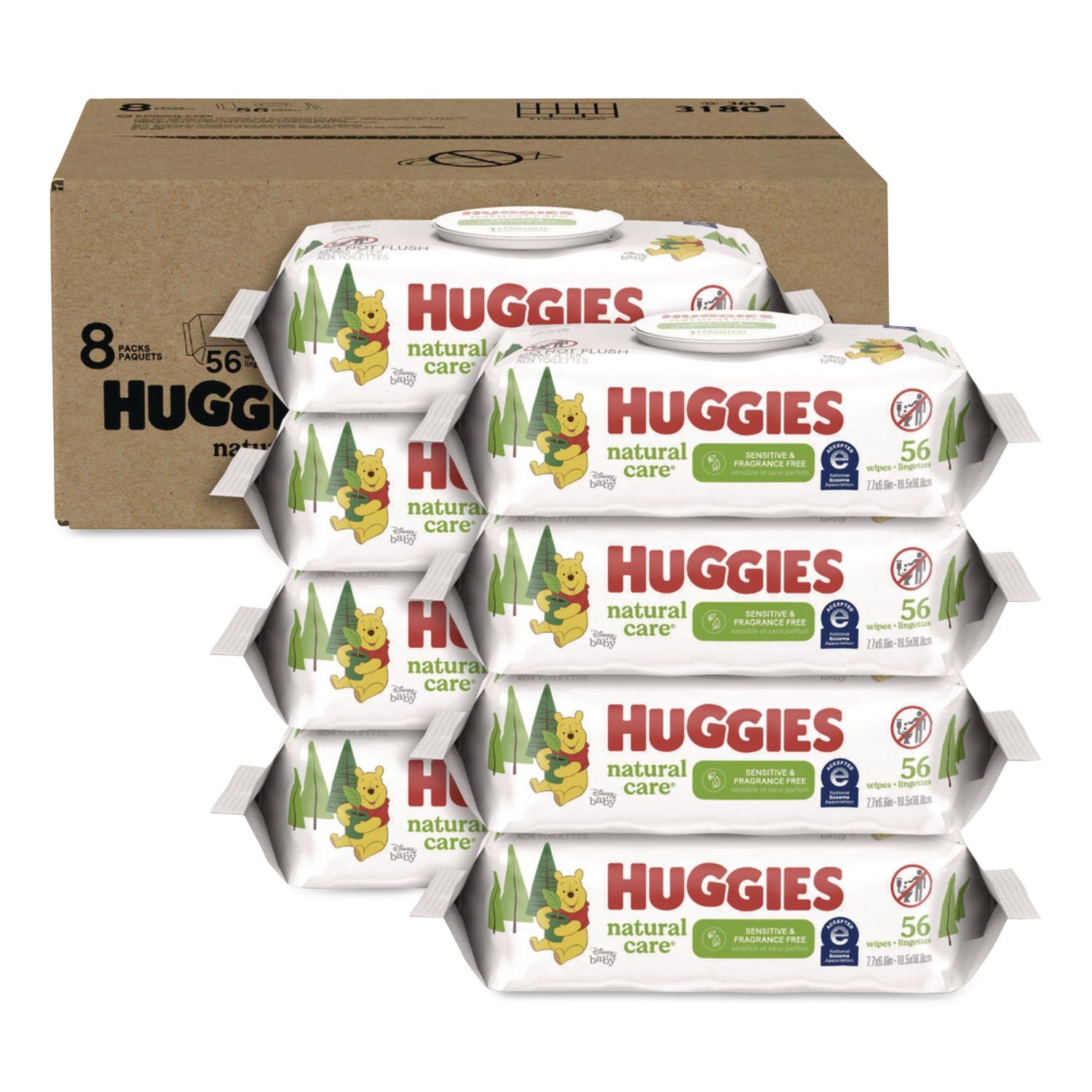 Natural Care Sensitive Baby Wipes, 1-Ply, 3.88 x 6.6, Unscented, White, 56/Pack, 8 Packs/Carton