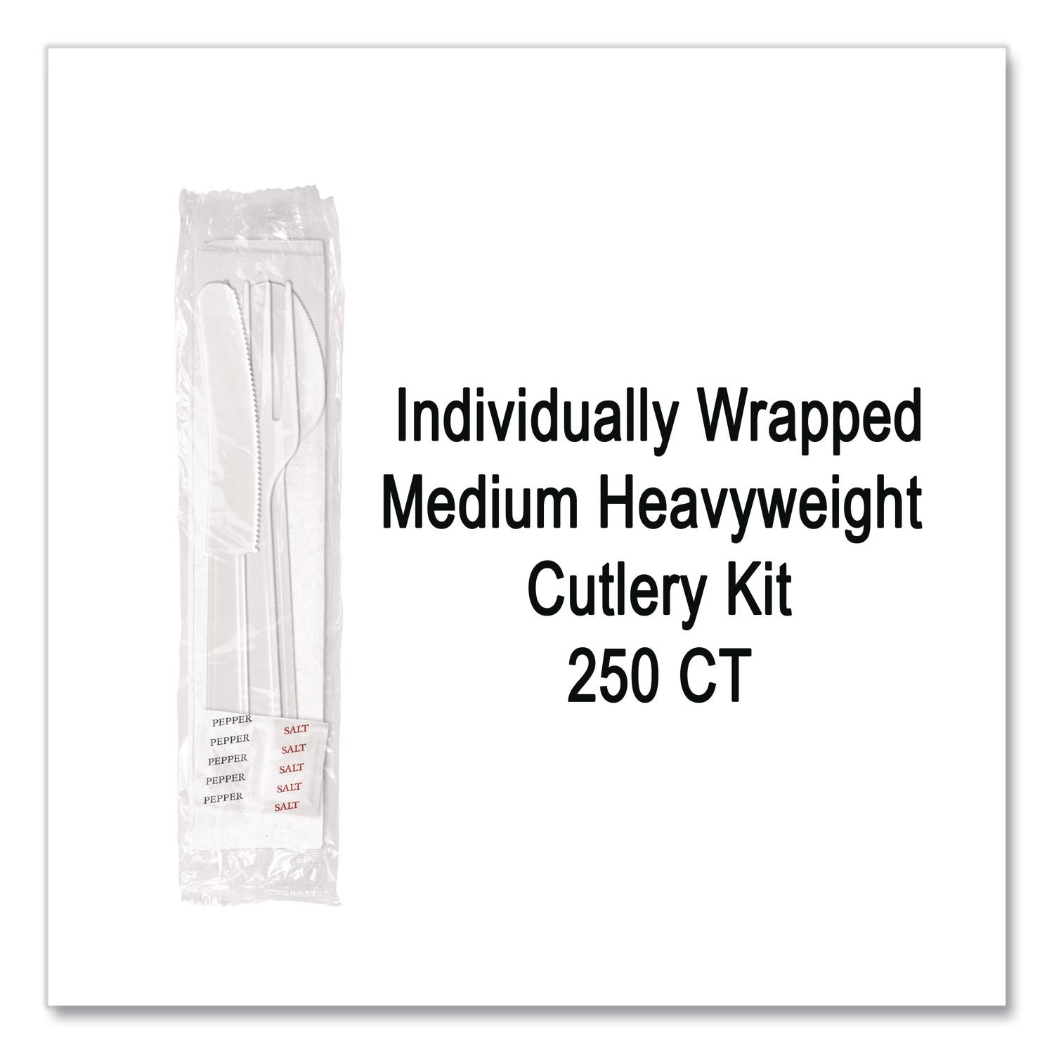 Medium Heavyweight Cutlery Kit, Plastic Fork/Spoon/Knife/Salt/Pepper/Napkin, White, 250/Carton