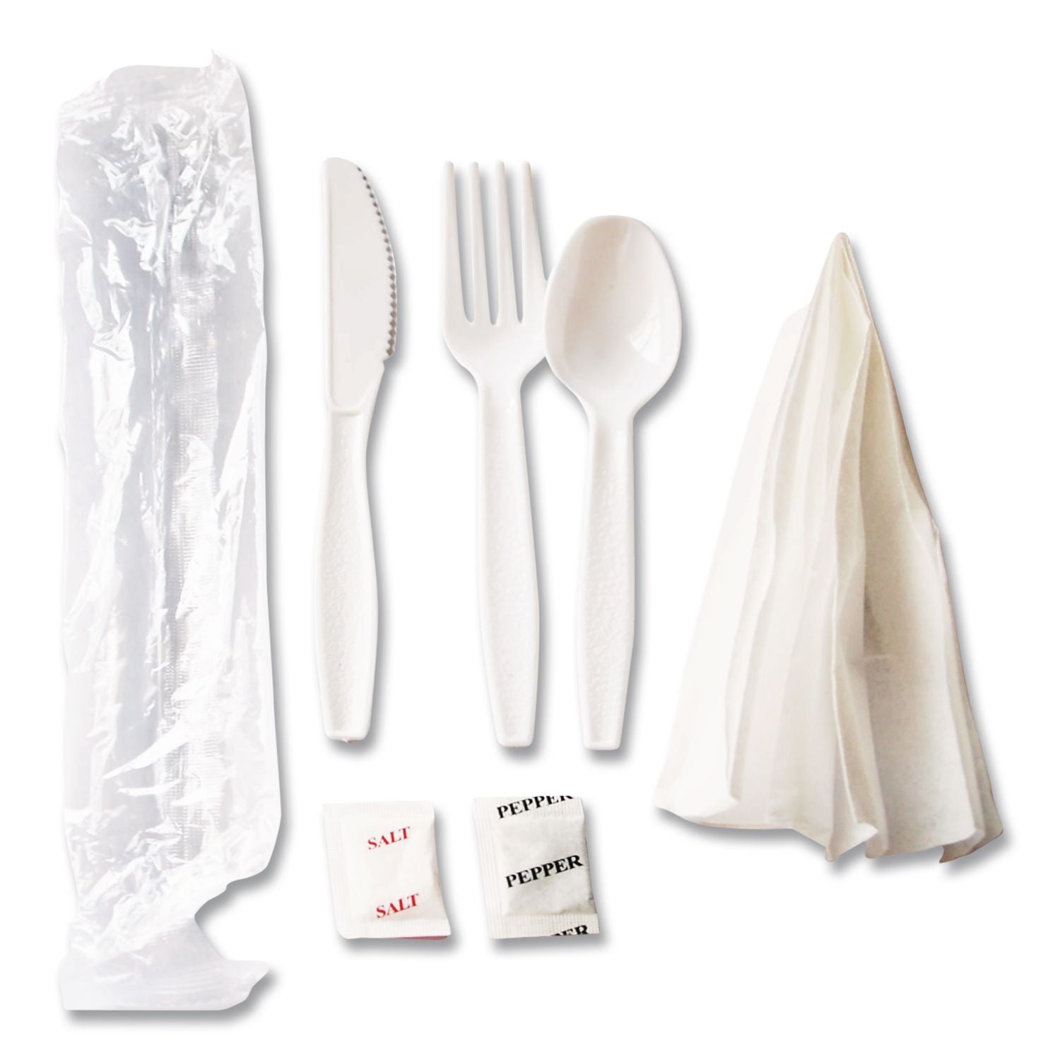 Medium Heavyweight Cutlery Kit, Plastic Fork/Spoon/Knife/Salt/Pepper/Napkin, White, 250/Carton