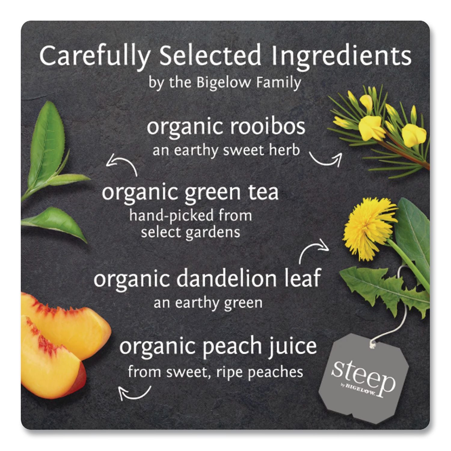 Bigelow Organic Dandelion & Peach Rooibos & Green Tea Herbal Tea, Green Tea Bag - 1.2 oz - 20 Teabag - 20 / Box