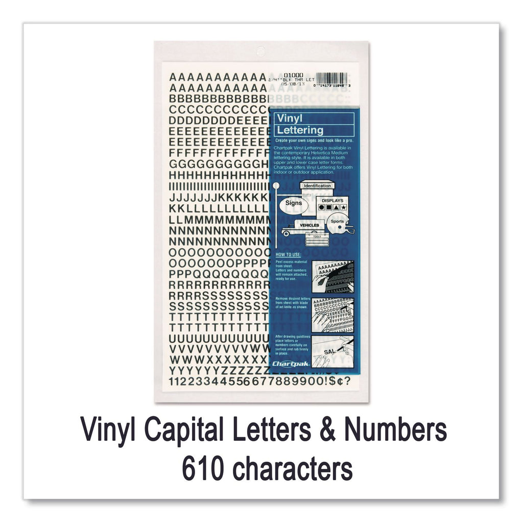 Press-On Vinyl Letters and Numbers, Self Adhesive, Black, 0.25"h, 610/Pack