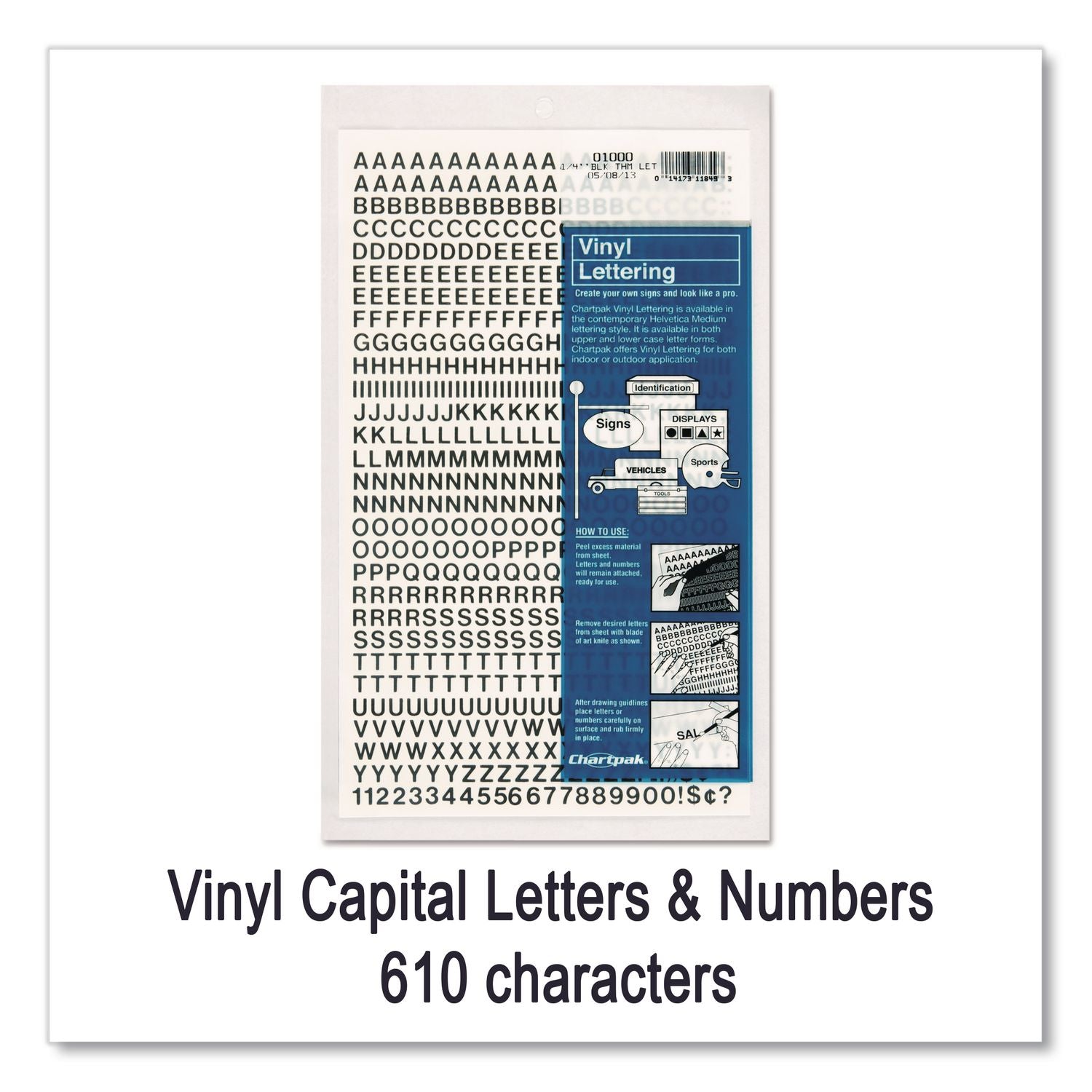 Press-On Vinyl Letters and Numbers, Self Adhesive, Black, 0.25"h, 610/Pack