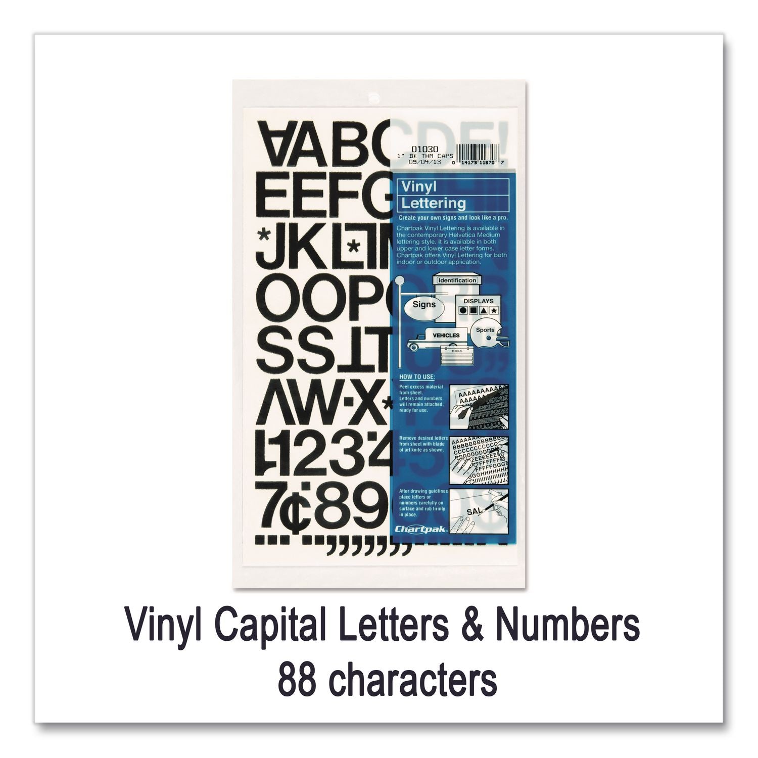 Press-On Vinyl Letters and Numbers, Self Adhesive, Black, 1"h, 88/Pack