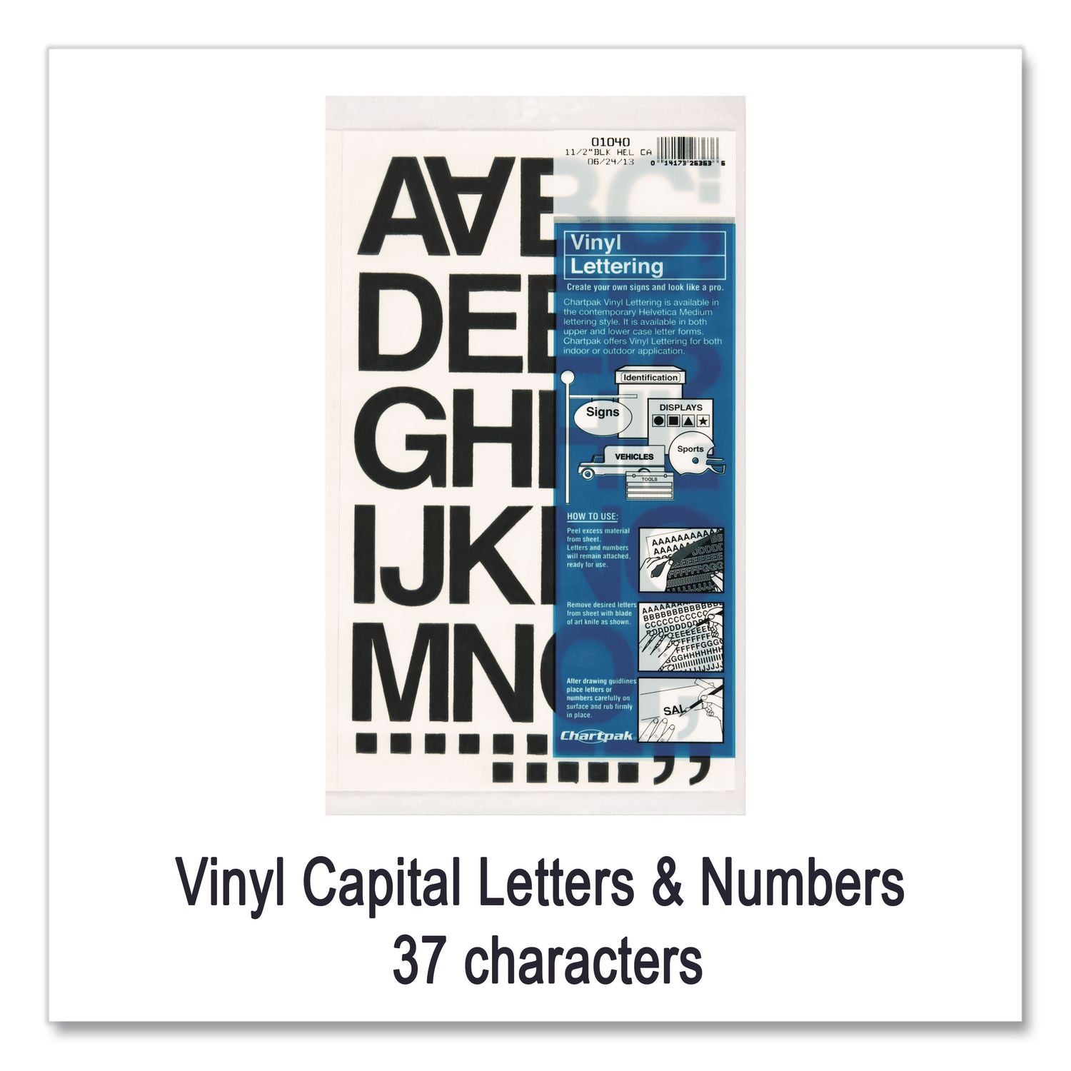 Press-On Vinyl Letters and Numbers, Self Adhesive, Black, 1.5"h, 37 Letters and Numbers