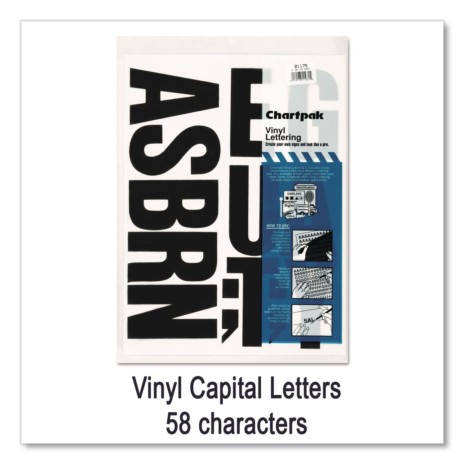 Press-On Vinyl Uppercase Letters, Self Adhesive, Black, 4"h, 58/Pack