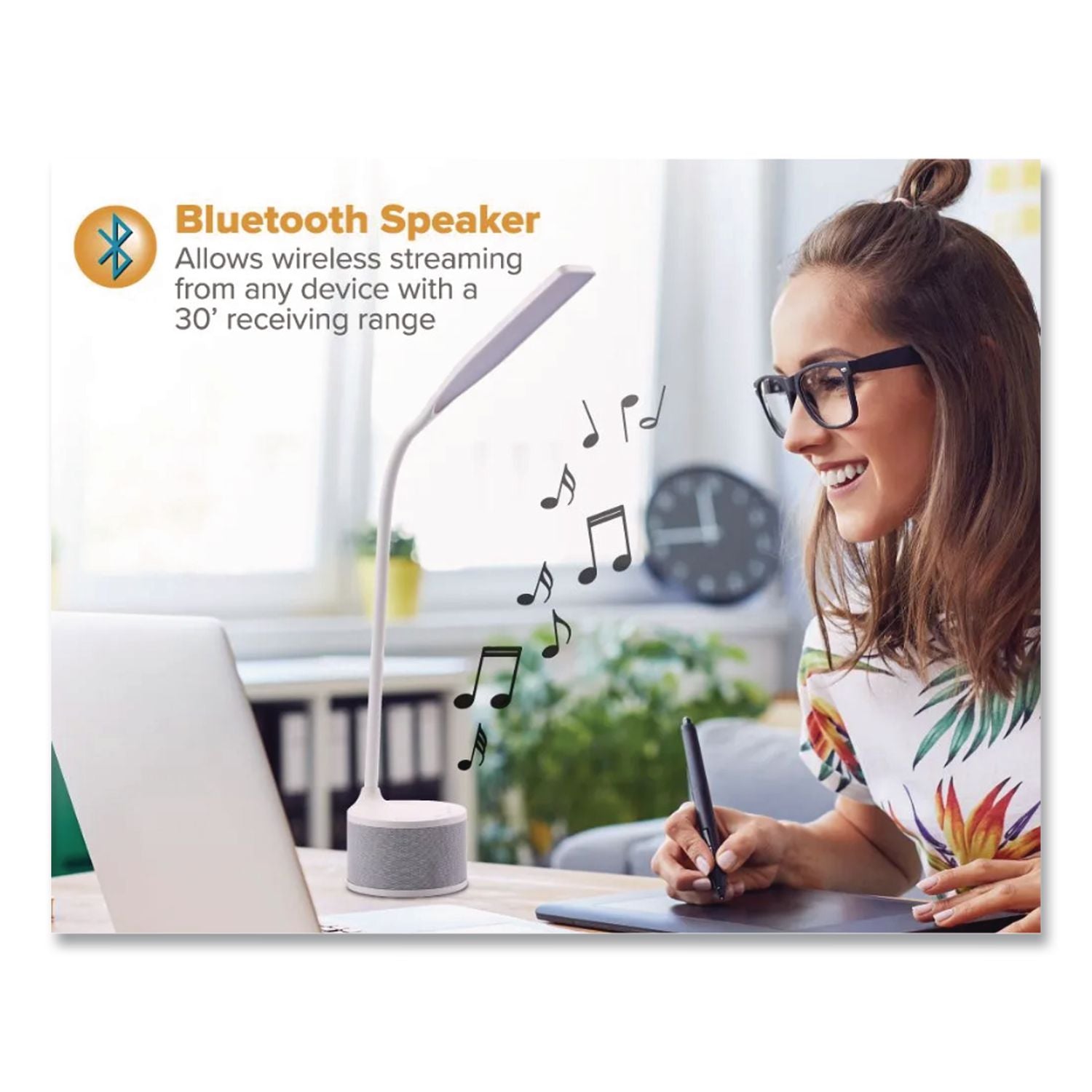 LED Bluetooth Speaker Lamp with USB, 2 Prong, 4.33w x 14.57h, White