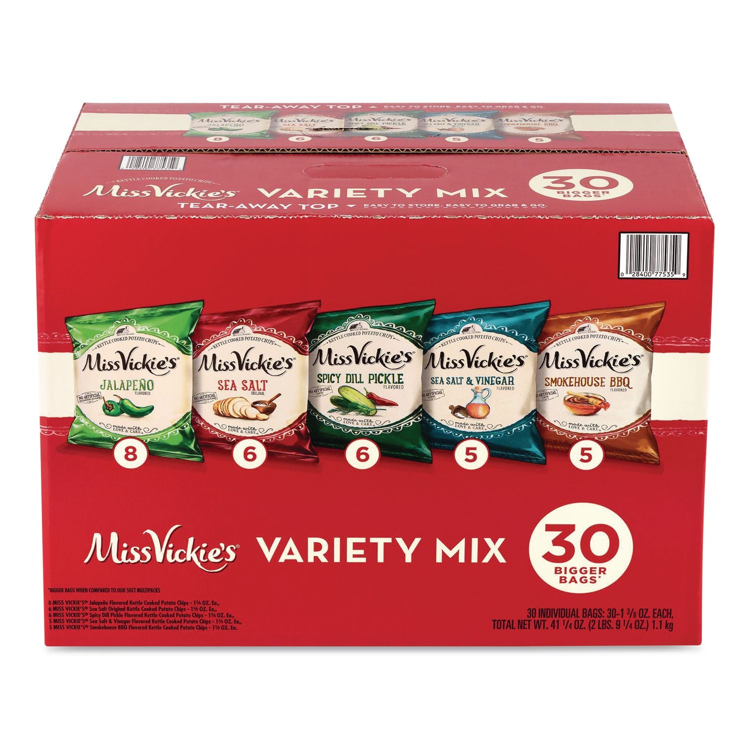 Kettle Cooked Chips Variety Mix, Four Assorted Flavors, 1.38 oz Bags, 30 Bags/Carton, Ships in 1-3 Business Days