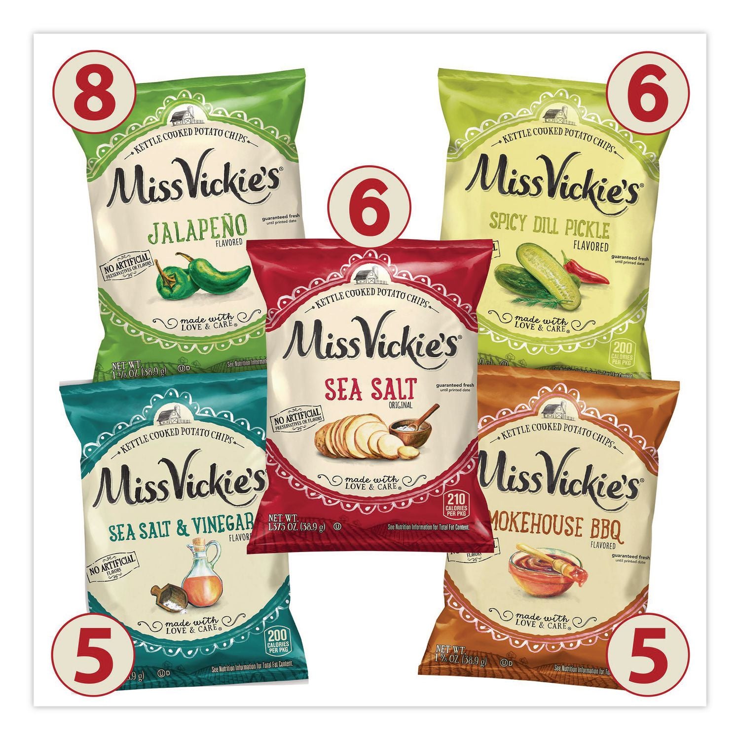 Kettle Cooked Chips Variety Mix, Four Assorted Flavors, 1.38 oz Bags, 30 Bags/Carton, Ships in 1-3 Business Days