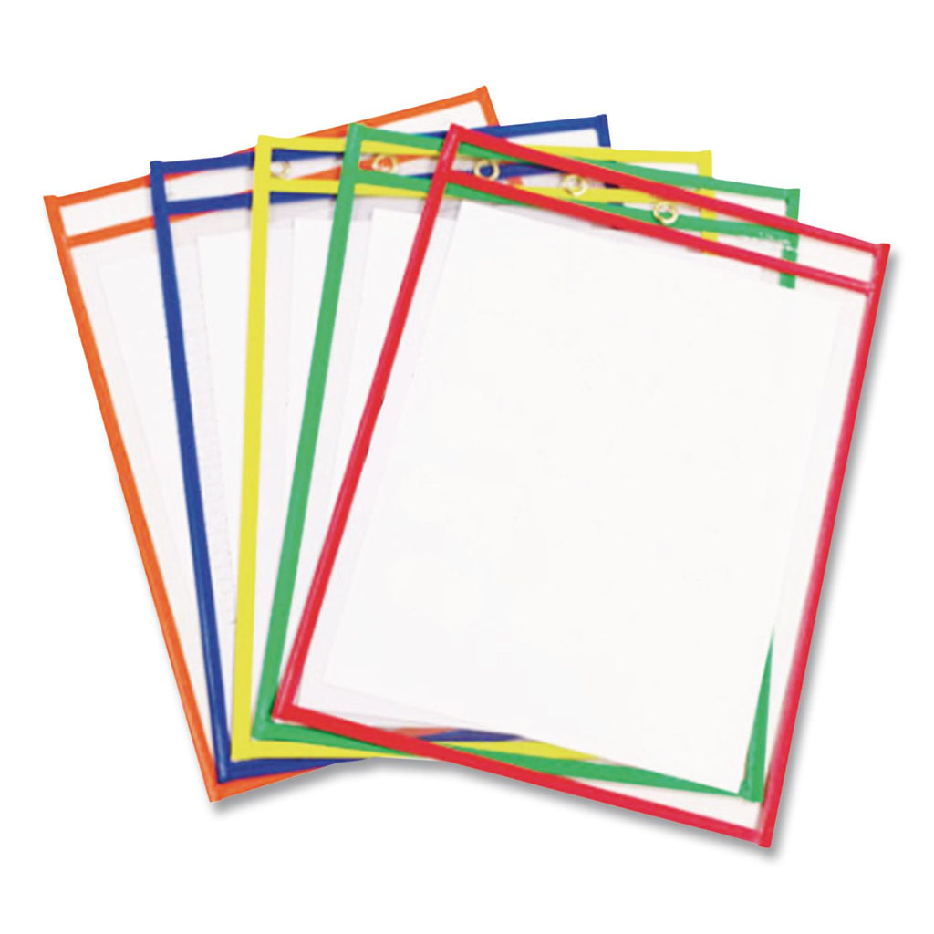 Reusable Dry Erase Pockets, 9 x 12, Assorted Primary Colors, 5/Pack