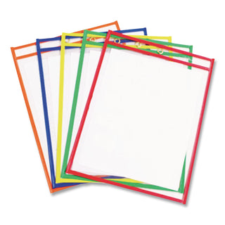 Reusable Dry Erase Pockets, 9 x 12, Assorted Primary Colors, 5/Pack
