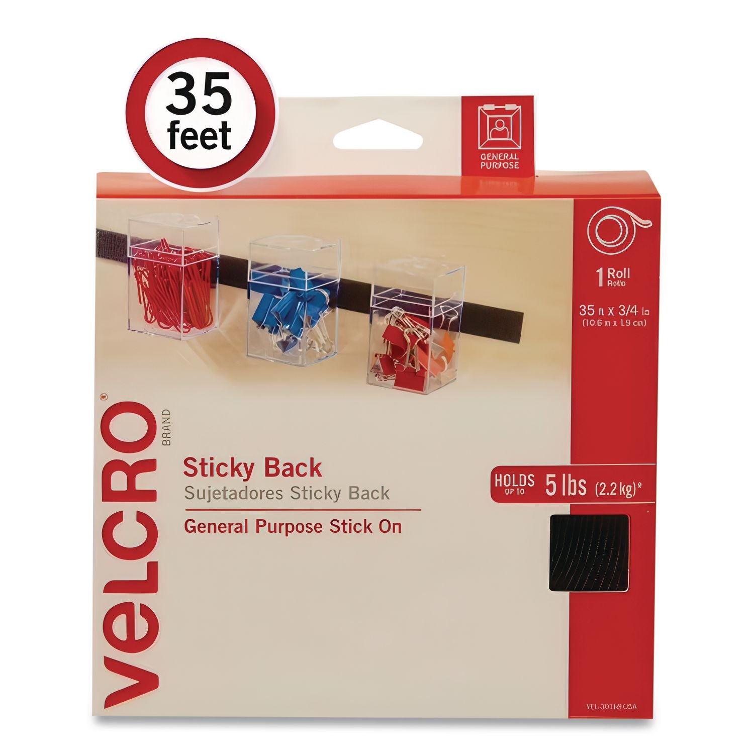 Sticky-Back Fasteners, Removable Adhesive, 0.75" x 35 ft, Black