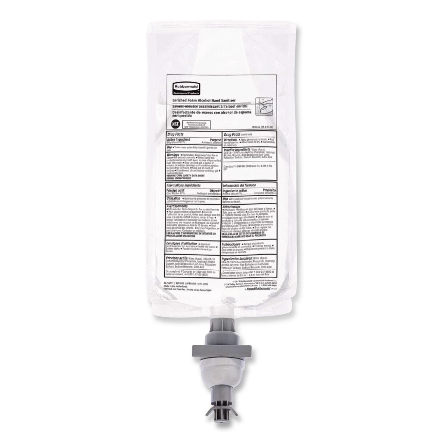 Rubbermaid Commercial Hand Sanitizer Foam Refill - Fragrance-free Scent - 37.2 fl oz (1100 mL) - Kill Germs - Hand - White Clear - Dye-free, Hygienic - 4 / Carton