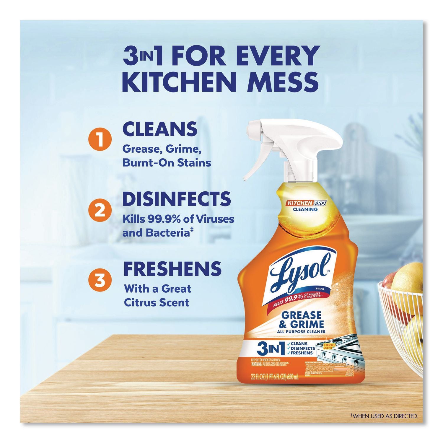 Kitchen Pro Antibacterial Cleaner, Citrus Scent, 22 oz Spray Bottle, 9/Carton