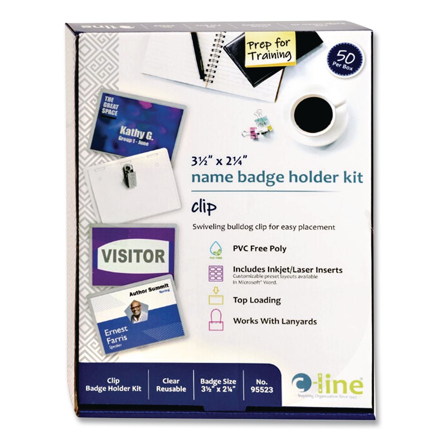 Name Badge Kits, Top Load, 3 1/2 x 2 1/4, Clear, 50/Box