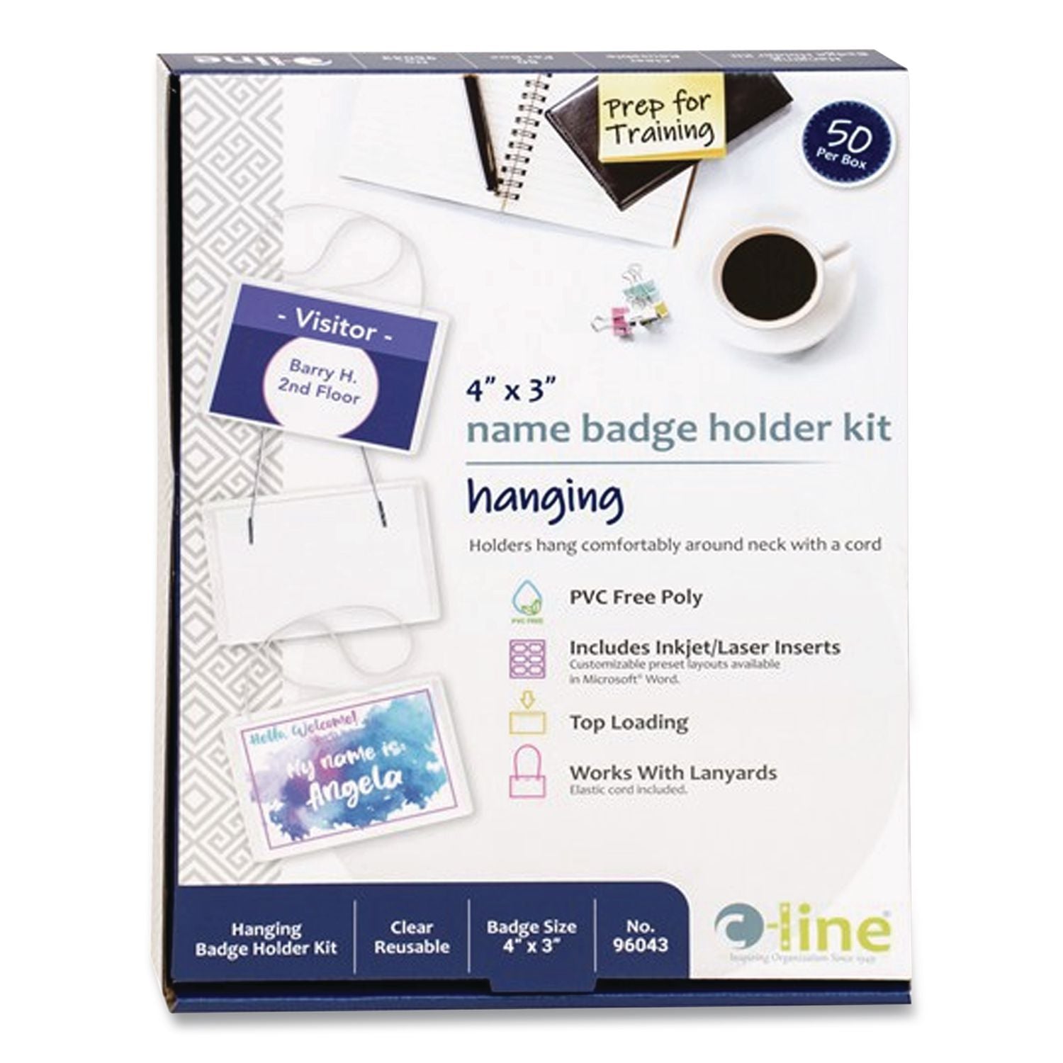 Name Badge Kits, Top Load, 4 x 3, Clear, Elastic Cord, 50/Box