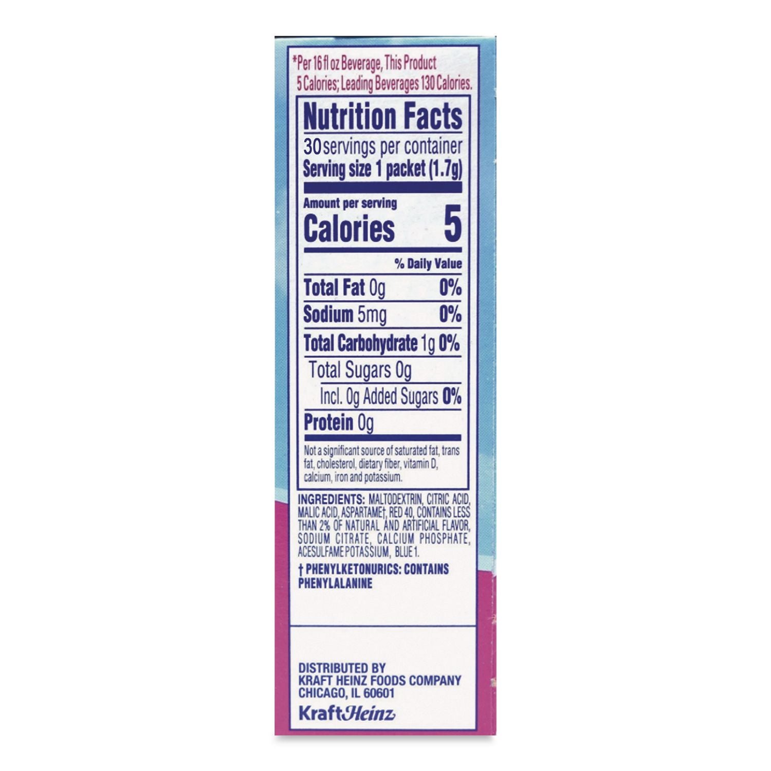 Flavored Drink Mix, Raspberry Ice, 30 .08oz Packets/Box