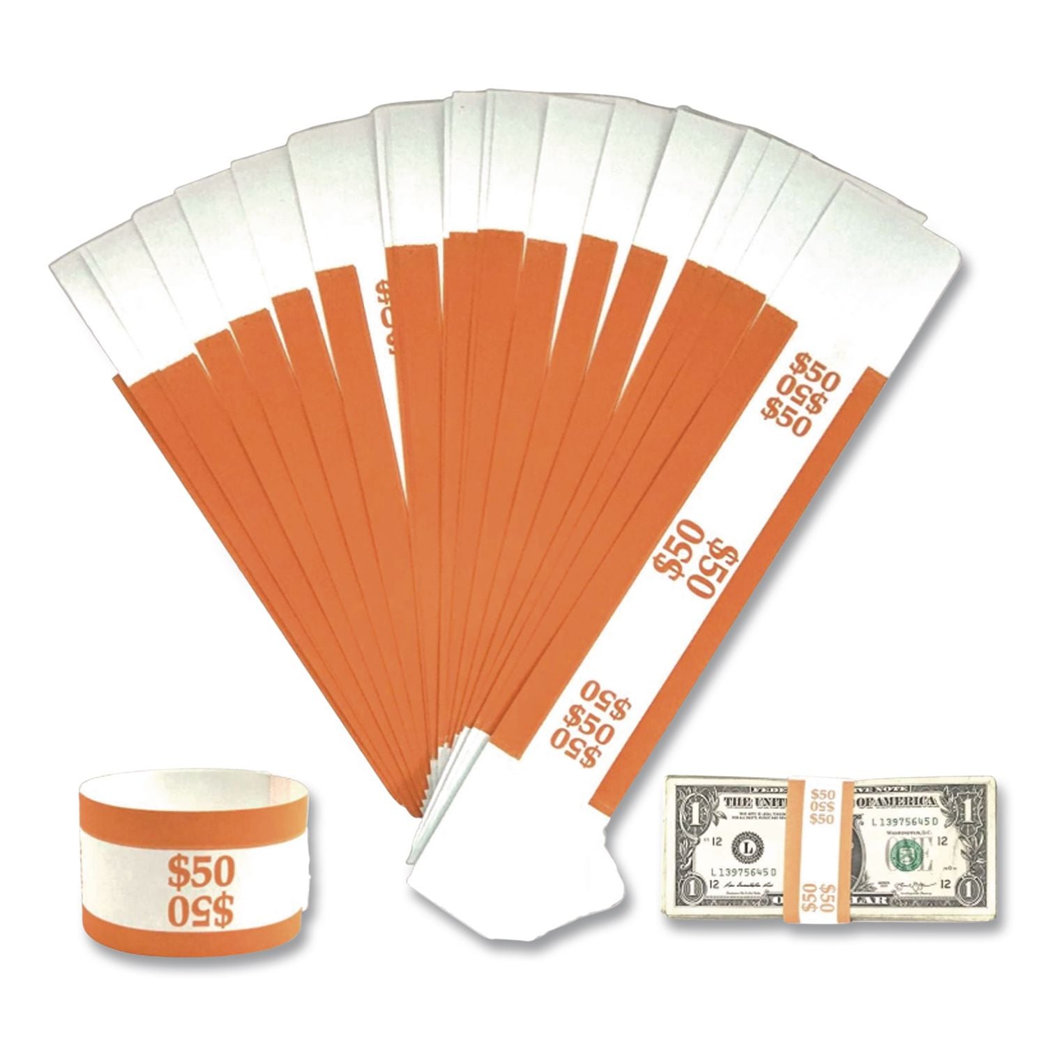 Currency Straps, Orange, $50 in Dollar Bills, 1000 Bands/Pack