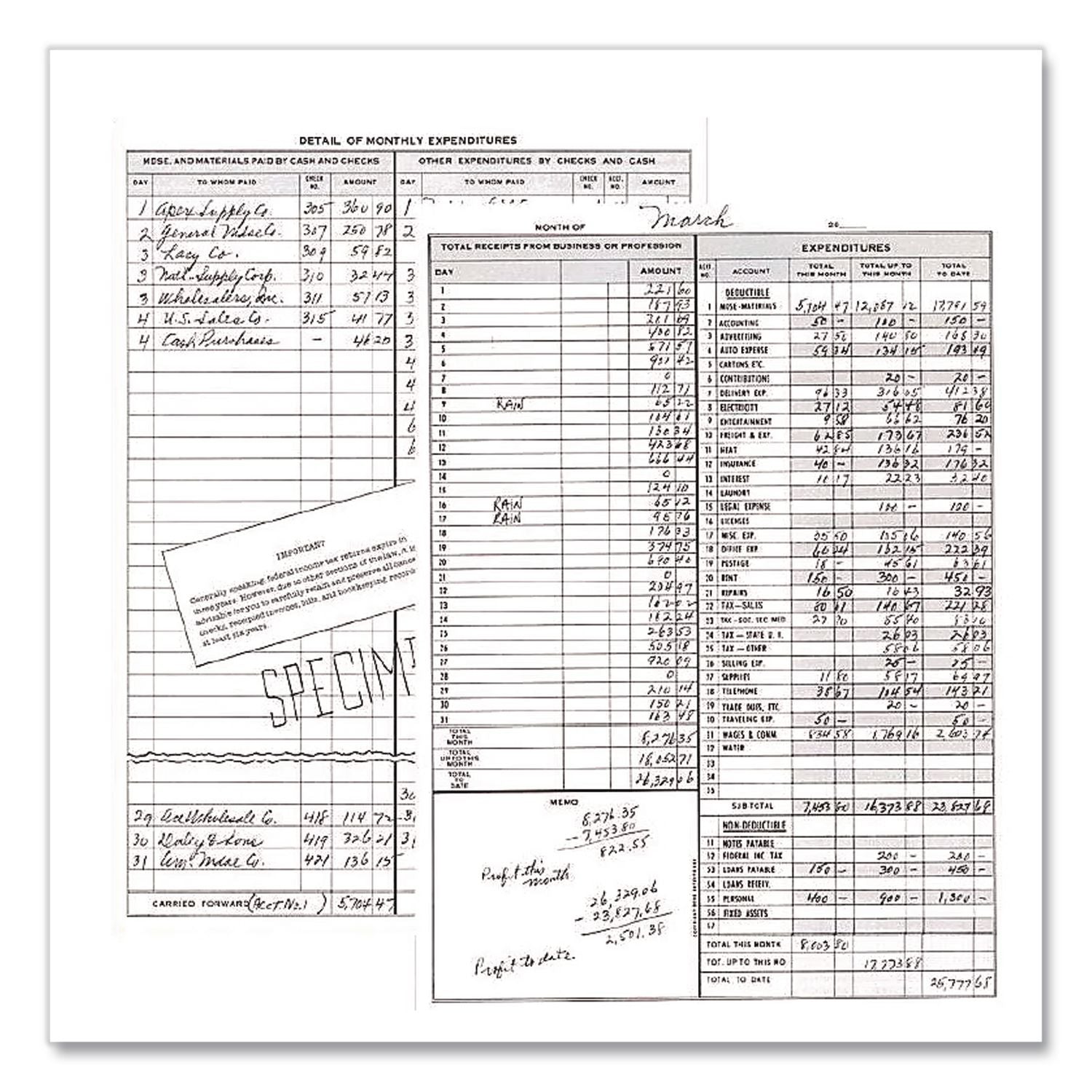 Simplified Weekly Bookkeeping Record, 4 Column Format, Brown Cover, 11 x 8.5 Sheets, 128 Sheets/Book