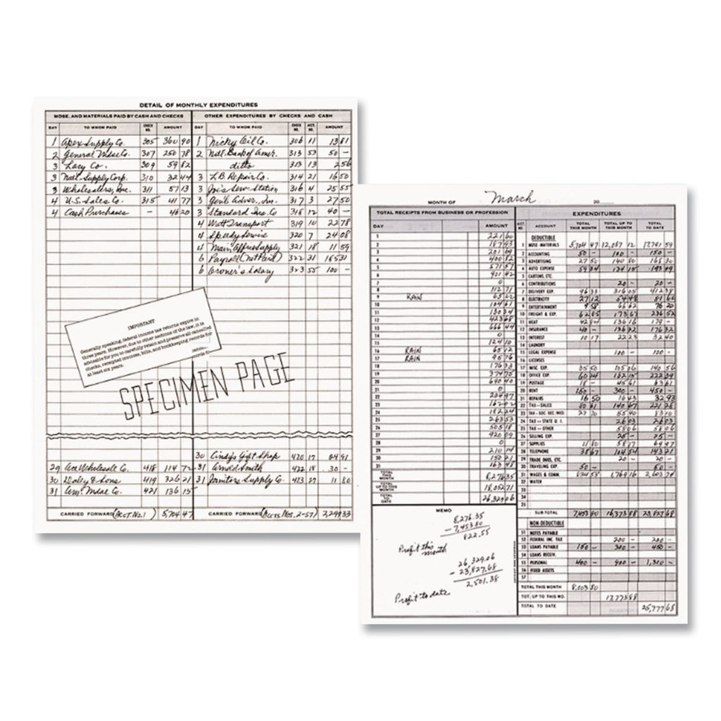Simplified Monthly Bookkeeping Record, 4 Column Format, Tan Cover, 11 x 8.5 Sheets, 128 Sheets/Book