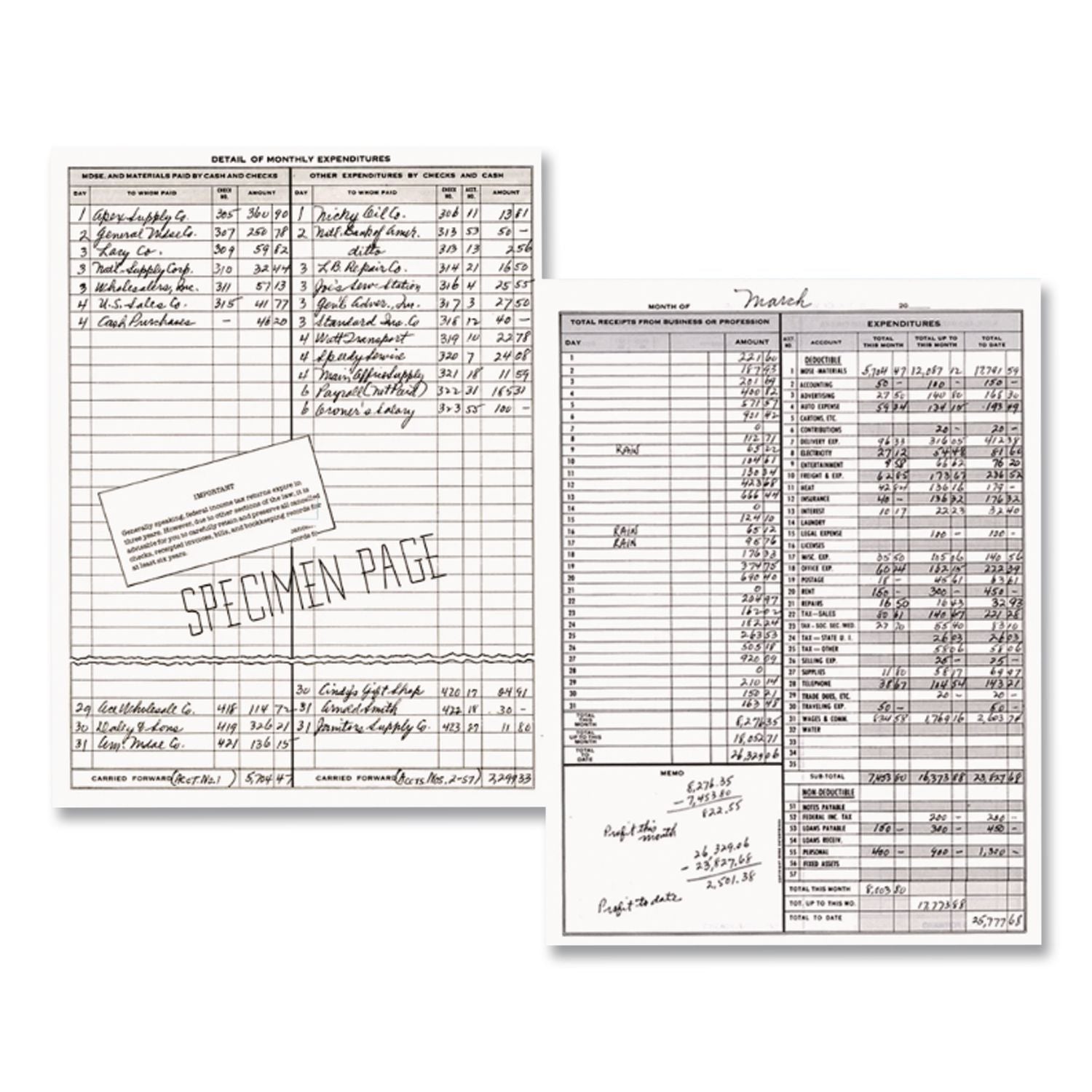 Simplified Monthly Bookkeeping Record, 4 Column Format, Tan Cover, 11 x 8.5 Sheets, 128 Sheets/Book