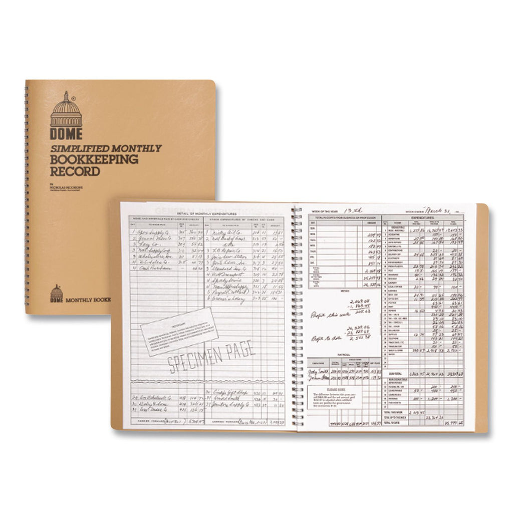 Simplified Monthly Bookkeeping Record, 4 Column Format, Tan Cover, 11 x 8.5 Sheets, 128 Sheets/Book