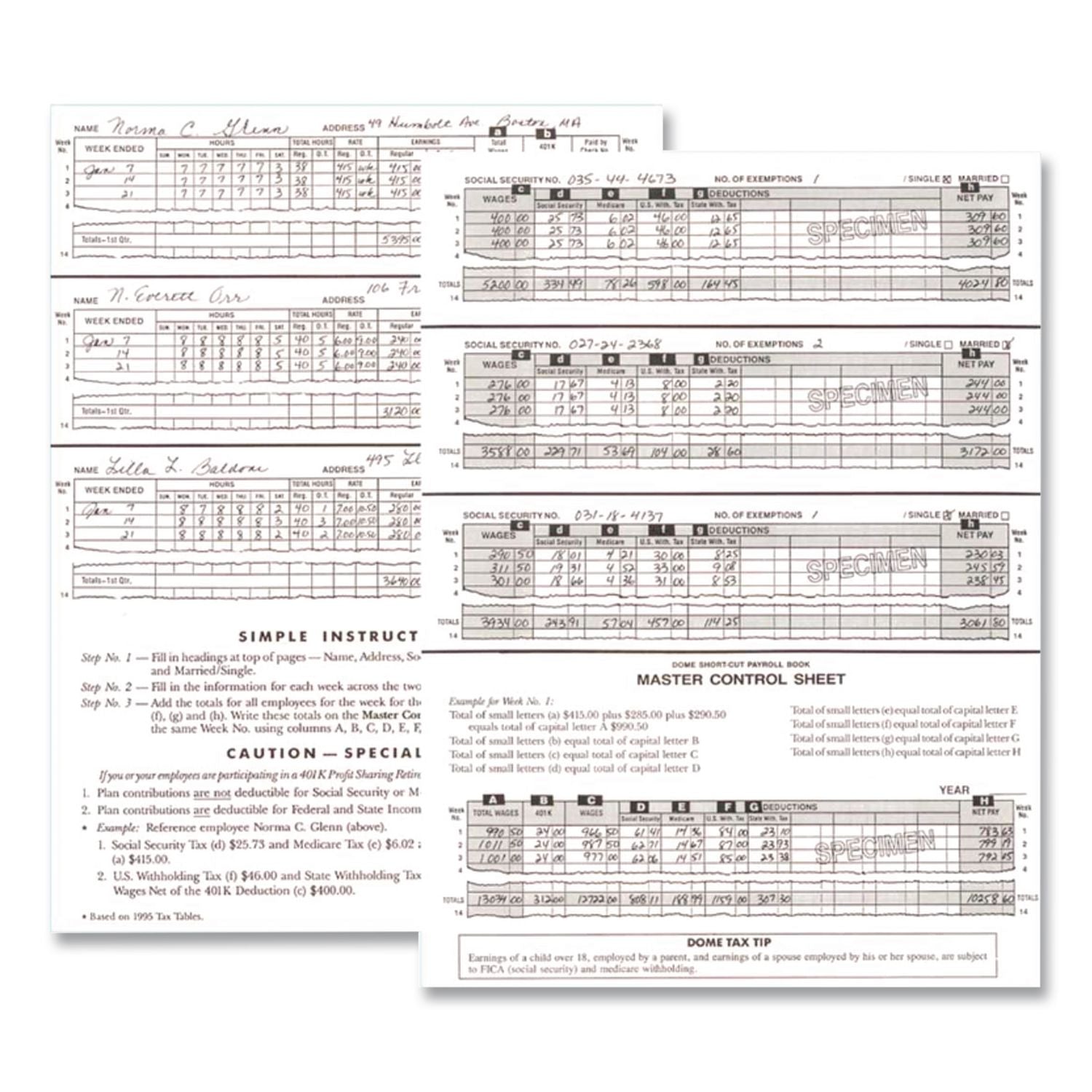 Single Entry Monthly Payroll (50 Employee) Record, Double-Page 7-Column Format, Blue Cover, 11 x 8.5 Sheets, 128 Sheets/Book