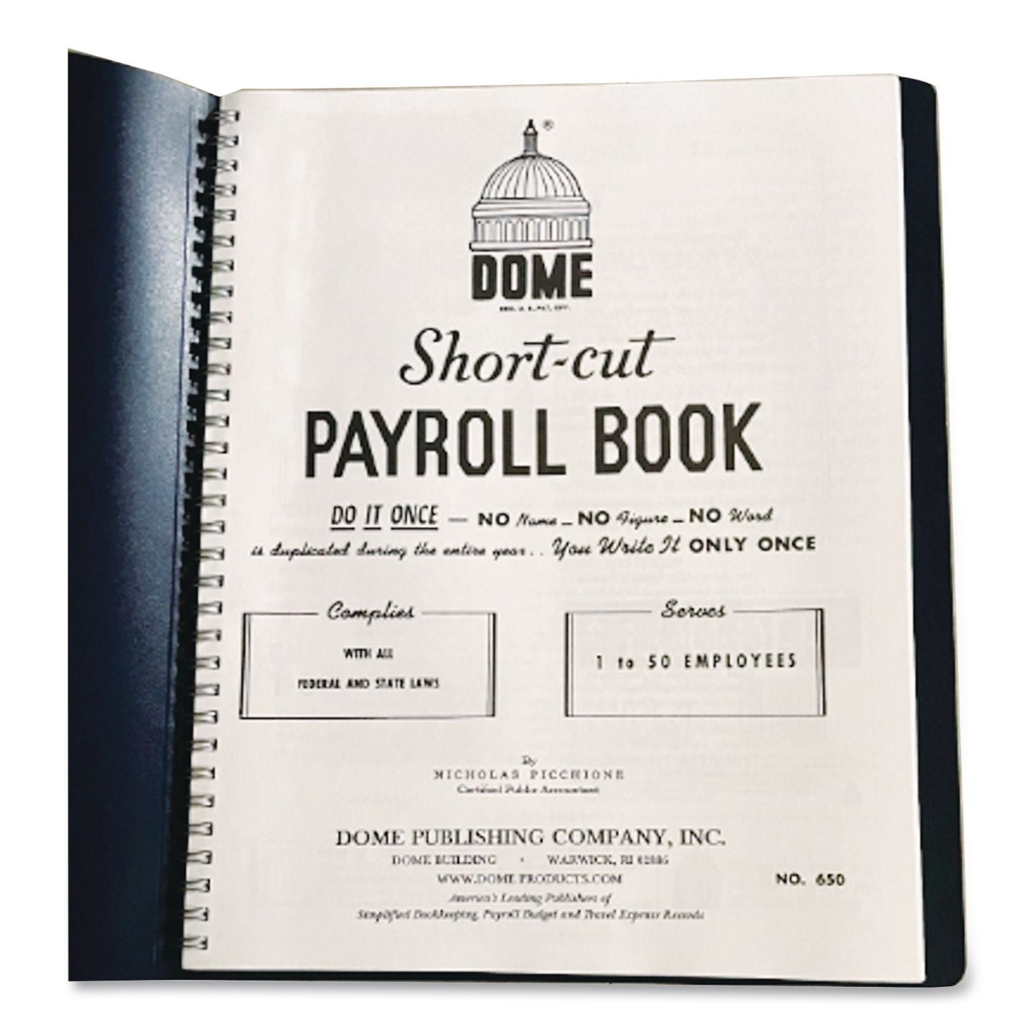 Single Entry Monthly Payroll (50 Employee) Record, Double-Page 7-Column Format, Blue Cover, 11 x 8.5 Sheets, 128 Sheets/Book