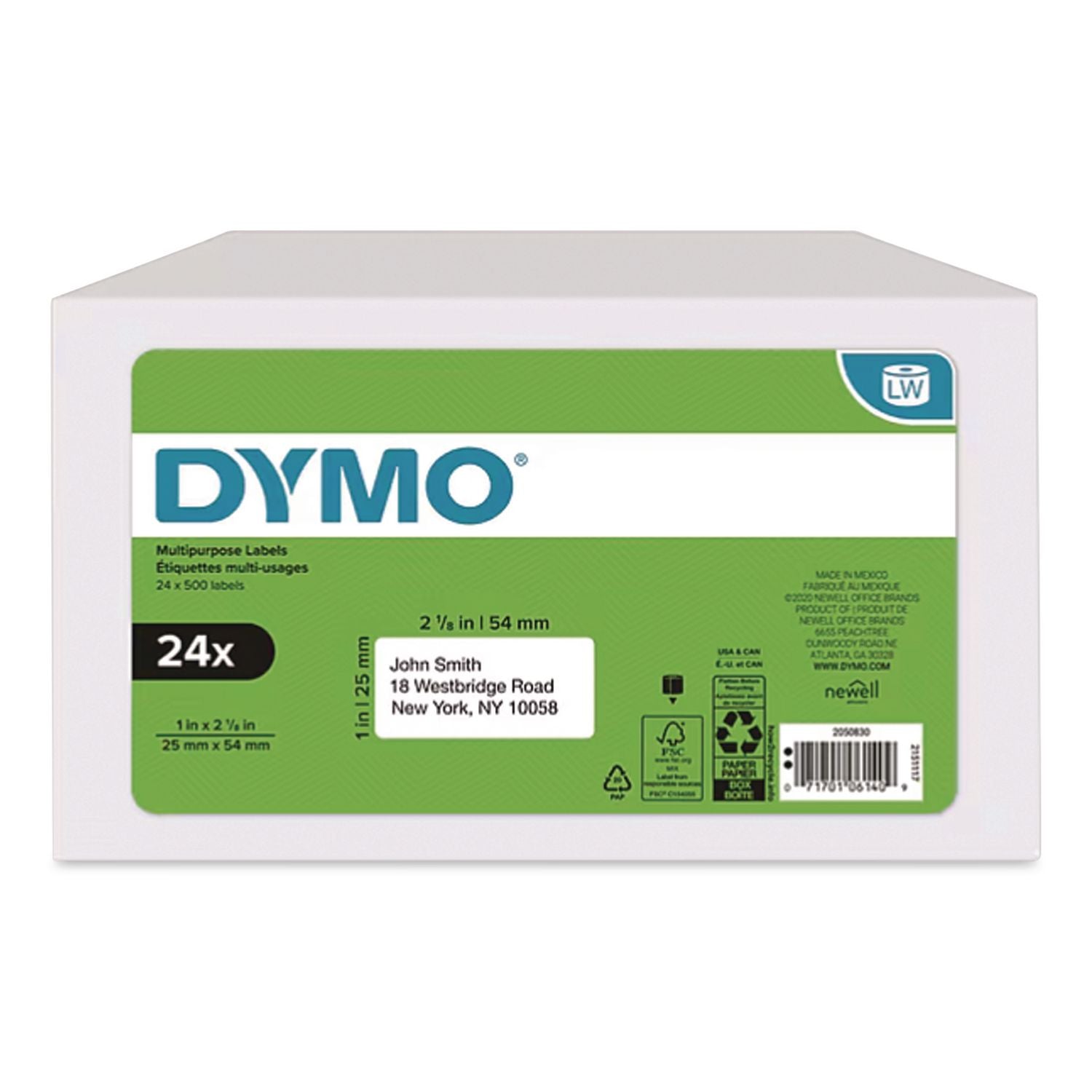 LW Multipurpose Labels, 1" x 2.13", White, 500 Labels/Roll, 24 Rolls/Box
