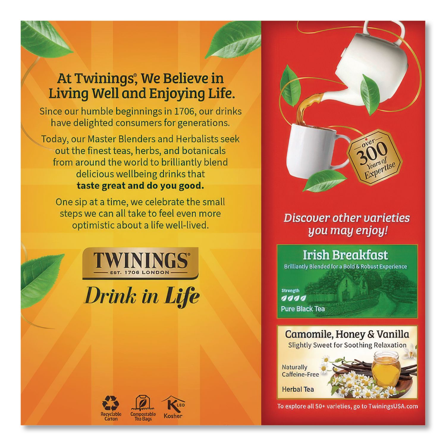 Tea Bags, English Breakfast, 1.76 oz, 25/Box