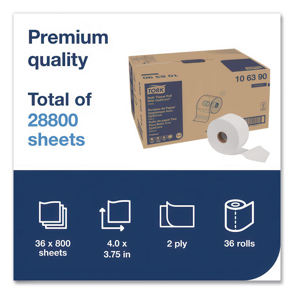 Premium Bath Tissue Roll with OptiCore, Septic Safe, 2-Ply, White, 800 Sheets/Roll, 36/Carton