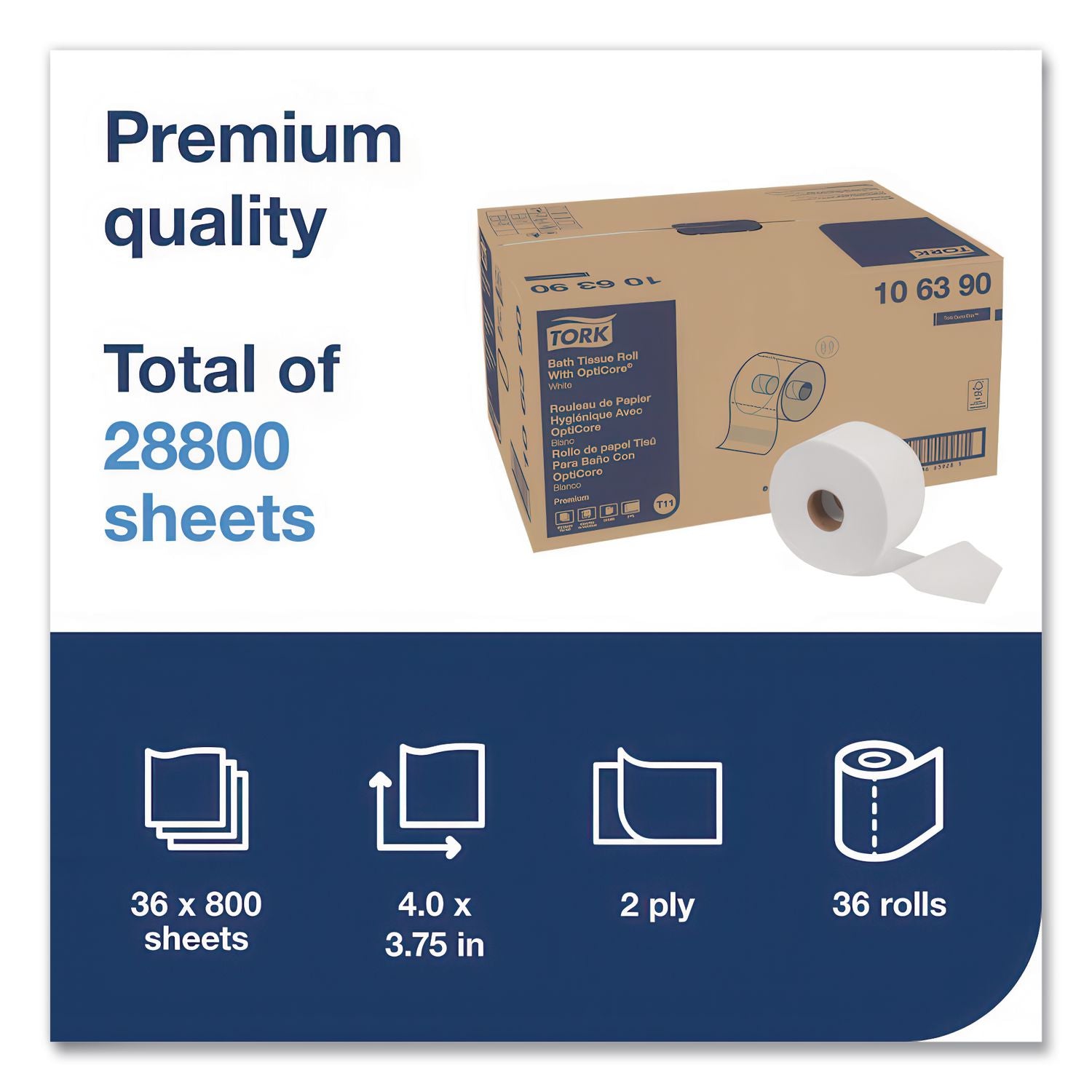 Premium Bath Tissue Roll with OptiCore, Septic Safe, 2-Ply, White, 800 Sheets/Roll, 36/Carton